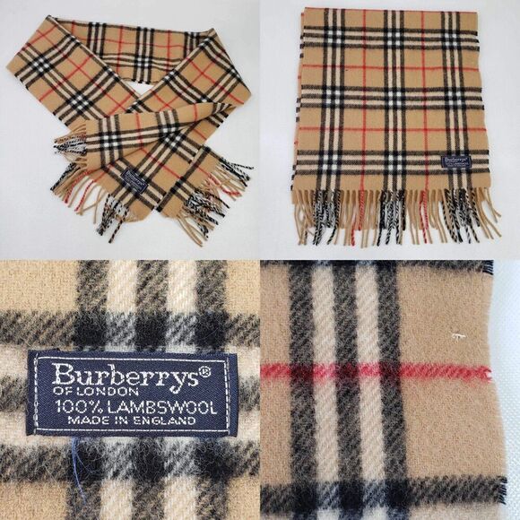 Vintage Burberry 100% Lambswool Plaid Classic Fringe Scarf Tan Holiday Gift Flaw - Picture 1 of 9